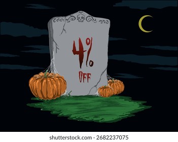 4% Rabatt auf Tombstone-Aufkleber mit Kürbissen in der Nacht mit Halbmond am Himmel - Halloween