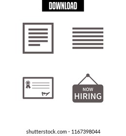 4 offer vector icon set with hiring sign, justified and rectangular certificate icons for mobile and web