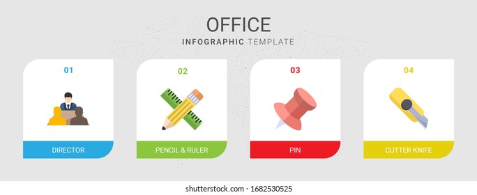 4 iconos planos de oficina establecidos aislados en plantilla infográfica. Iconos con director, Lápiz y regla, Pin, Cutter iconos de cuchillos.