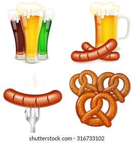 4 Oktoberfest Themes in Realistic 3D style with Glass of Beer, Sausage and Pretzel. Can be used for flyer, poster and printing advertising. Vector isolated on white background.