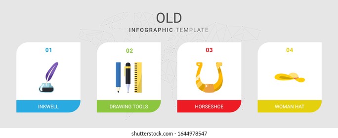 4 old flat icons set isolated on infographic template. Icons set with Inkwell, Drawing tools, horseshoe, woman hat icons.