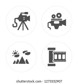 4 Old Video Camera, Scenic, Film Roll modern icons on round shapes, vector illustration, eps10, trendy icon set.