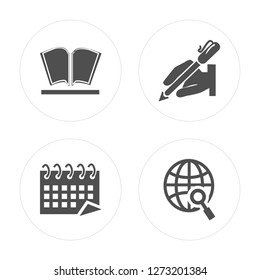 4 Open book, Calendar, Writing, Search modern icons on round shapes, vector illustration, eps10, trendy icon set.