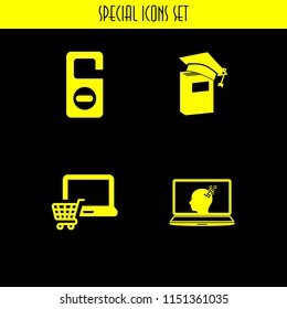4 open icons in vector set. laptop, book and door illustration for web and graphic design