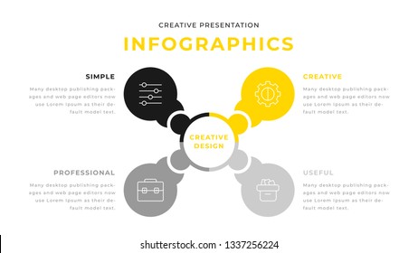 4 option yellow and gray infographic chart diagram business presentation design. Annual report flyer leaflet corporate presentation Power Point PPT template. Simple webpage design