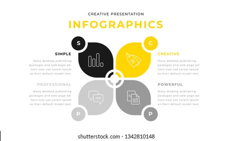 4 option yellow and gray infographic chart diagram business presentation design. Annual report flyer leaflet corporate presentation template. Simple webpage design. Power Point, PPT