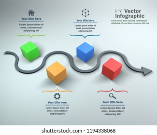 4 options, 3D vector infographic with boxes and arrow path
Abstract vector business illustration. Can be used for workflow layout, diagram, number options, infographics, web design.