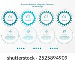 4 options business infographic template, circle frame and gear shape with the s line around them, also with number and symbols