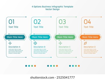 4 options business infographic template, theme of line with long hexagon shape, also with number and text frame