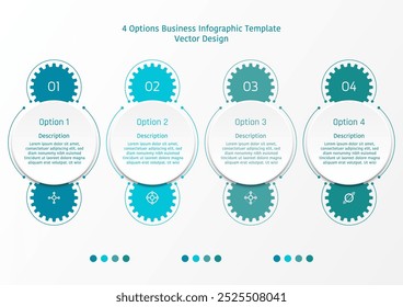 4 options business infographic template, theme of circle frame with gear shape at the top and bottom, also with circular line