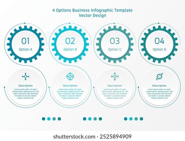 4 options business infographic template, circle frame and gear shape with the s line around them, also with number and symbols