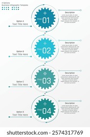 4 options business infographic template, gear on circle frame with circular arrow, as well as text frame and symbols