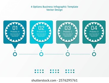 4 options business infographic template, theme of gear with circle frame in rounded corner square speech bubble shape, also with bottom line