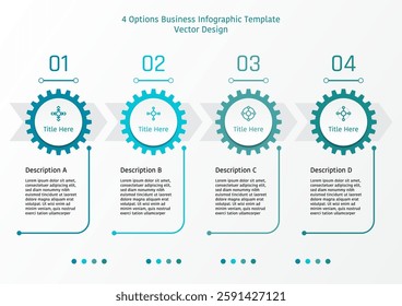 4 options business infographic template, theme of circle button on gear frame with rounded corner line, and arrow