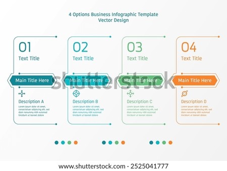 4 options business infographic template, theme of line with long hexagon shape, also with number and text frame