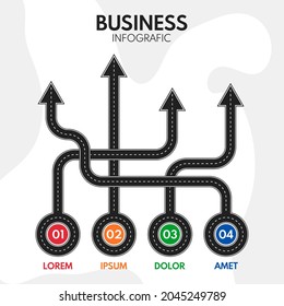4 opciones elección, flechas de dirección coloridas, concepto vectorial o infografía de negocios con línea de carretera