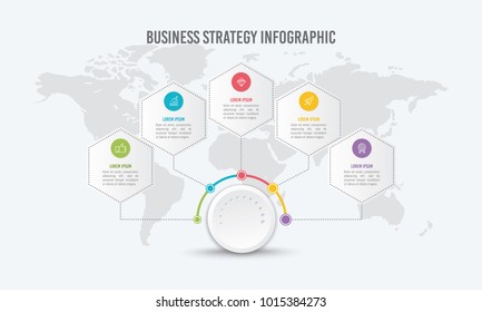 4 Options Hexagonal Business Strategy Infographic with Icons and Volume Button Vector Illustration