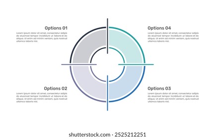 4 Optionen Infografik Zielgestaltung, Business-Präsentation, Banner, Broschüre, Fokus und Plan. Vektorgrafik.