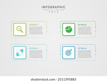 4 options infographic template simple multi-colored lines and dotted squares with text on the right. The white button on the left has multi-colored icons above it. gray gradient background