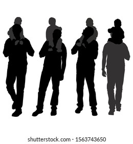 4 options silhouette man with a boy on his shoulders. Dad is walking with his son. Father's day. View of people front and back. A man with a child leaves. Vector isolated on white background.