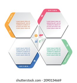 4 opciones o pasos, segmentos de honeycomb para la tabla de información. diseño de información de concepto. La plantilla de infografía puede utilizarse para presentaciones, diseño web, flujo de trabajo o diseño gráfico, diagrama, opciones