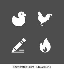 4 orange icons in vector set. pencil, bird and fire illustration for web and graphic design
