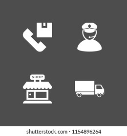 4 order icons in vector set. delivery truck, shipping and delivery, shop store frontal building and policeman illustration for web and graphic design