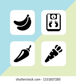 4 organic icons in vector set. carrot, banana, pepper and diet illustration for web and graphic design