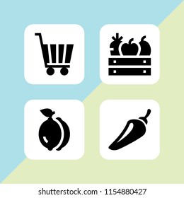 4 organic icons in vector set. lemon, fruit, pepper and trolley illustration for web and graphic design