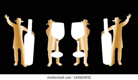 4 orthodox Hasidic Jews dancing in gold. They hold wine bottles and white glass jars.
Vector drawing on a black background.
Suitable for Purim, Passover and Simchat Torah (Jewish holiday).