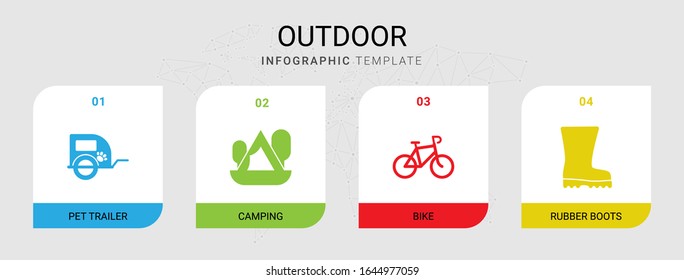 4 outdoor filled icons set isolated on infographic template. Icons set with pet trailer, Camping, Bike, Rubber boots icons.