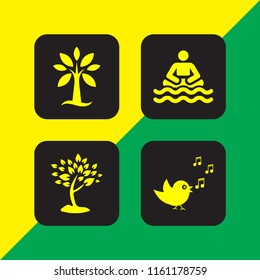 4 outdoor icons in vector set. forest, bird, tree with many leaves and sea illustration for web and graphic design
