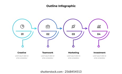 4 outline circles with arrows for presentations or infographics. Business data visualization. Concept of timeline business development process with 4 steps