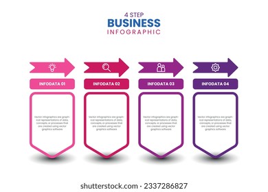 4 overlaying cards with arrows placed in horizontal row. Concept of 6 stages of strategic management process. Modern flat infographic design template. Simple vector illustration for presentation.
