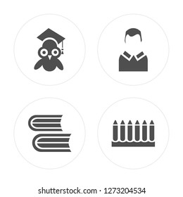 4 Owl, Books, Teacher, Crayon modern icons on round shapes, vector illustration, eps10, trendy icon set.
