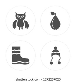 4 Owl, Rain boots, Pear, Winter hat modern icons on round shapes, vector illustration, eps10, trendy icon set.