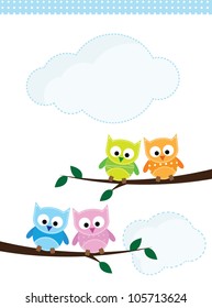 4 owls on branches with clouds background