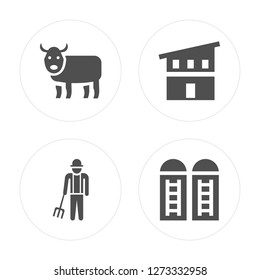 4 Ox, Farmer, Chicken coop, Silo modern icons on round shapes, vector illustration, eps10, trendy icon set.