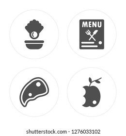 4 Oyster, Steak, Menu, Apple modern icons on round shapes, vector illustration, eps10, trendy icon set.