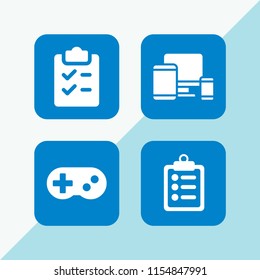 4 pad icons in vector set. gamepad console, tablet, shopping list and medical notes symbol of a list paper on a clipboard illustration for web and graphic design