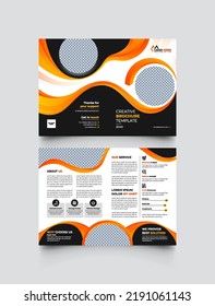 4 page bi-fold black and orange corporate annual report business agency brochure design template set design with beautiful creative shapes