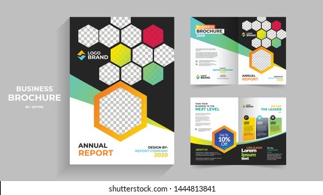 4 pages Bifold Report Brochure Creative Design. Multipurpose template with cover, back and inside pages. Trendy minimalist flat geometric design. Vertical a4 format. Vector