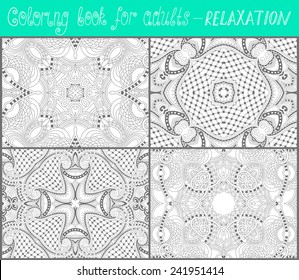 4 pages of unique coloring book for adults - flower paisley design, joy to older children and adult colorists, who like line art and creation, vector illustration