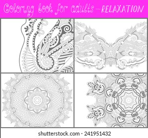 4 pages of unique coloring book for adults - flower paisley design, joy to older children and adult colorists, who like line art and creation, vector illustration