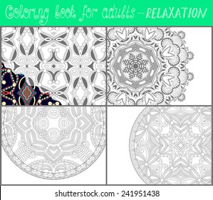 4 pages of unique coloring book for adults - flower paisley design, joy to older children and adult colorists, who like line art and creation, vector illustration
