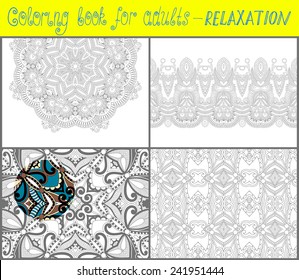 4 pages of unique coloring book for adults - flower paisley design, joy to older children and adult colorists, who like line art and creation, vector illustration
