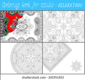 4 pages of unique coloring book for adults - flower paisley design, joy to older children and adult colorists, who like line art and creation, vector illustration
