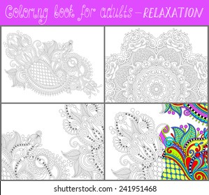 4 pages of unique coloring book for adults - flower paisley design, joy to older children and adult colorists, who like line art and creation, vector illustration