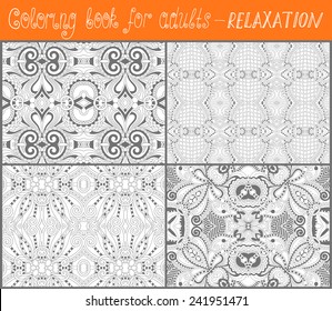 4 pages of unique coloring book for adults - flower paisley design, joy to older children and adult colorists, who like line art and creation, vector illustration