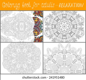 4 pages of unique coloring book for adults - flower paisley design, joy to older children and adult colorists, who like line art and creation, vector illustration